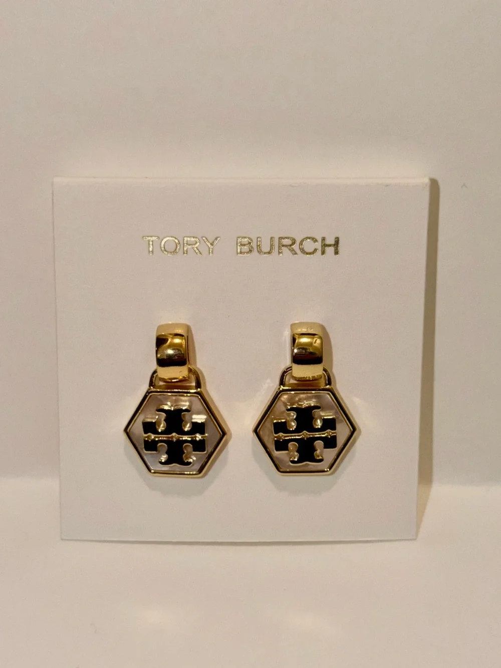 TORY BURCH MOTHER-OF-PEARL GEO HEXAGONAL DROP EARRINGS IN IVORY, NEW